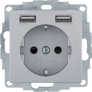 Berker - Hager B.x Gniazdo SCHUKO z gniazdem ładowania USB 2,4 A, samozaciski, alu mat 48031404
