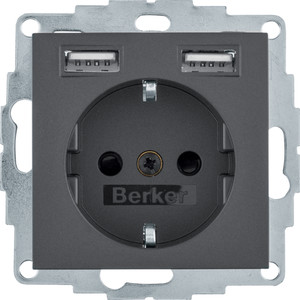 Berker - Hager B.x Gniazdo SCHUKO z gniazdem ładowania USB 2,4 A, samozaciski, antracyt mat 48031606