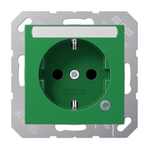 Jung Gniazdko SCHUKO zabezpieczone, z kontrolką LED, z polem opisowym 6x46mm - Zielone - ABA1520BFNAKOGN