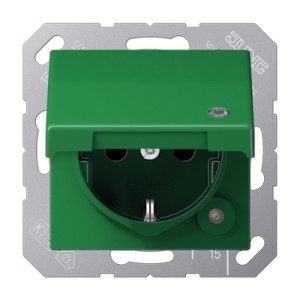 Jung Gniazdko SCHUKO zabezpieczone, z kontrolką LED, z pokrywą - Zielone - ABAS1520KLKOGN