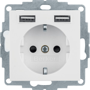 Berker B.x Gniazdo SCHUKO z gniazdem ładowania USB 2,4 A, samozaciski, biały połysk 48038989