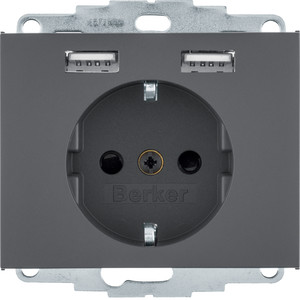 Berker - Hager K.1 Gniazdo SCHUKO z gniazdem ładowania USB 2,4 A, samozaciski, antracyt mat 48037006