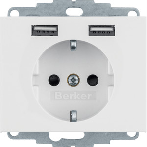 Berker - Hager K.1 Gniazdo SCHUKO z gniazdem ładowania USB 2,4 A, samozaciski, biały połysk 48037009