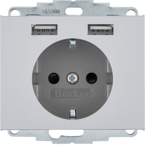 Berker - Hager K.5 Gniazdo SCHUKO z gniazdem ładowania USB 2,4 A, samozaciski, aluminium mat 48037003