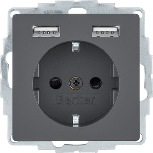 Berker Q.1/Q.3/Q.7 Gniazdo SCHUKO z gniazdem ładowania USB 2,4 A, samozaciski, antracyt aksamit 48036086