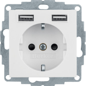 Berker Q.1/Q.3/Q.7 Gniazdo SCHUKO z gniazdem ładowania USB 2,4 A, samozaciski, biały aksamit 48036089