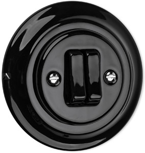 Alkri Podtynkowy ceramiczny włącznik światła Retro podwójny uniwersalny (schodowy) - Czarny KOMPLET - Kolekcja ANTICA